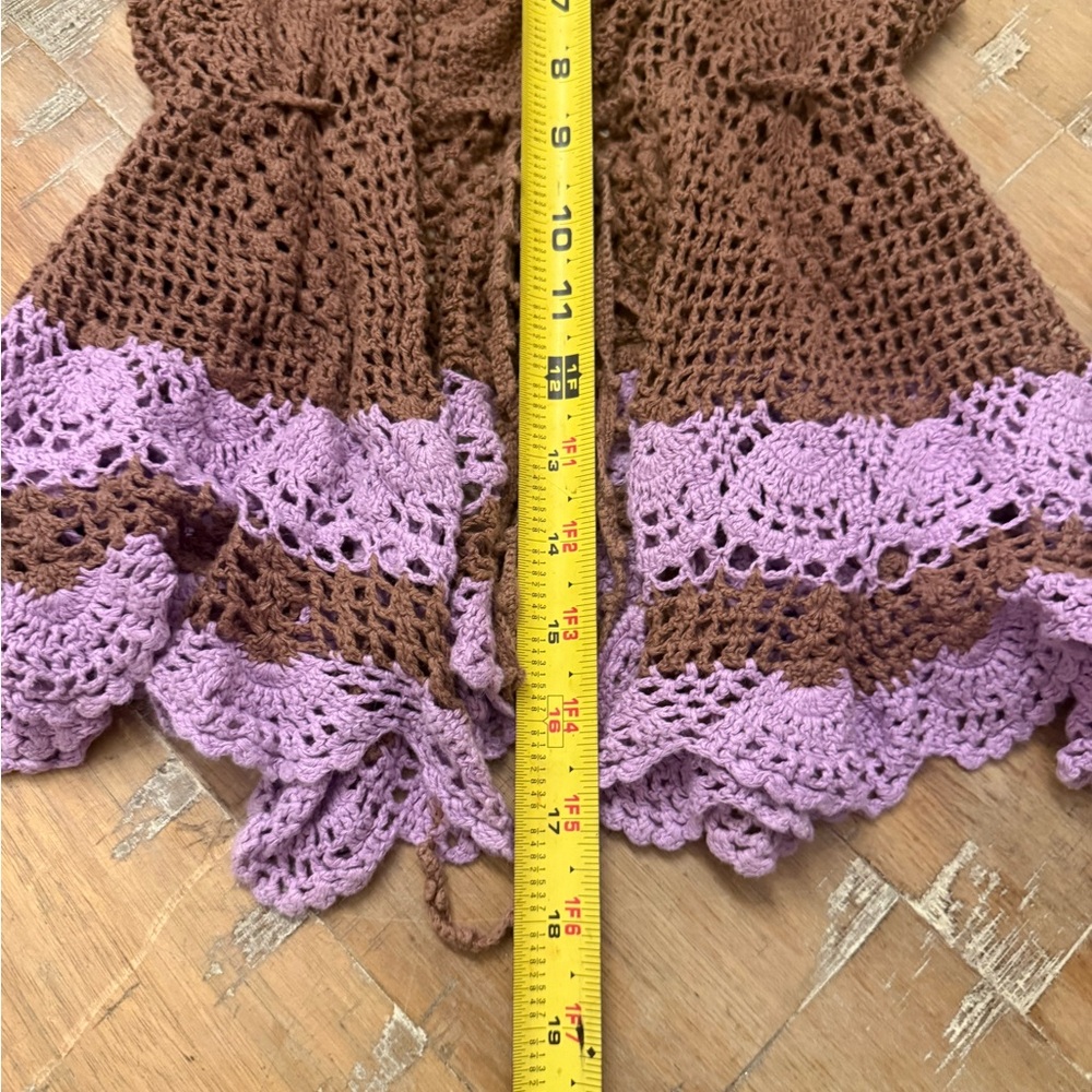 Free People Brown and Lavender Crochet Tie-Front Vest with Floral Patch - Picture 6 of 6